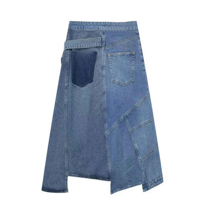 Vintage Blue Stitching Asymmetric Denim Skirt For Women | MuddyStock Originals