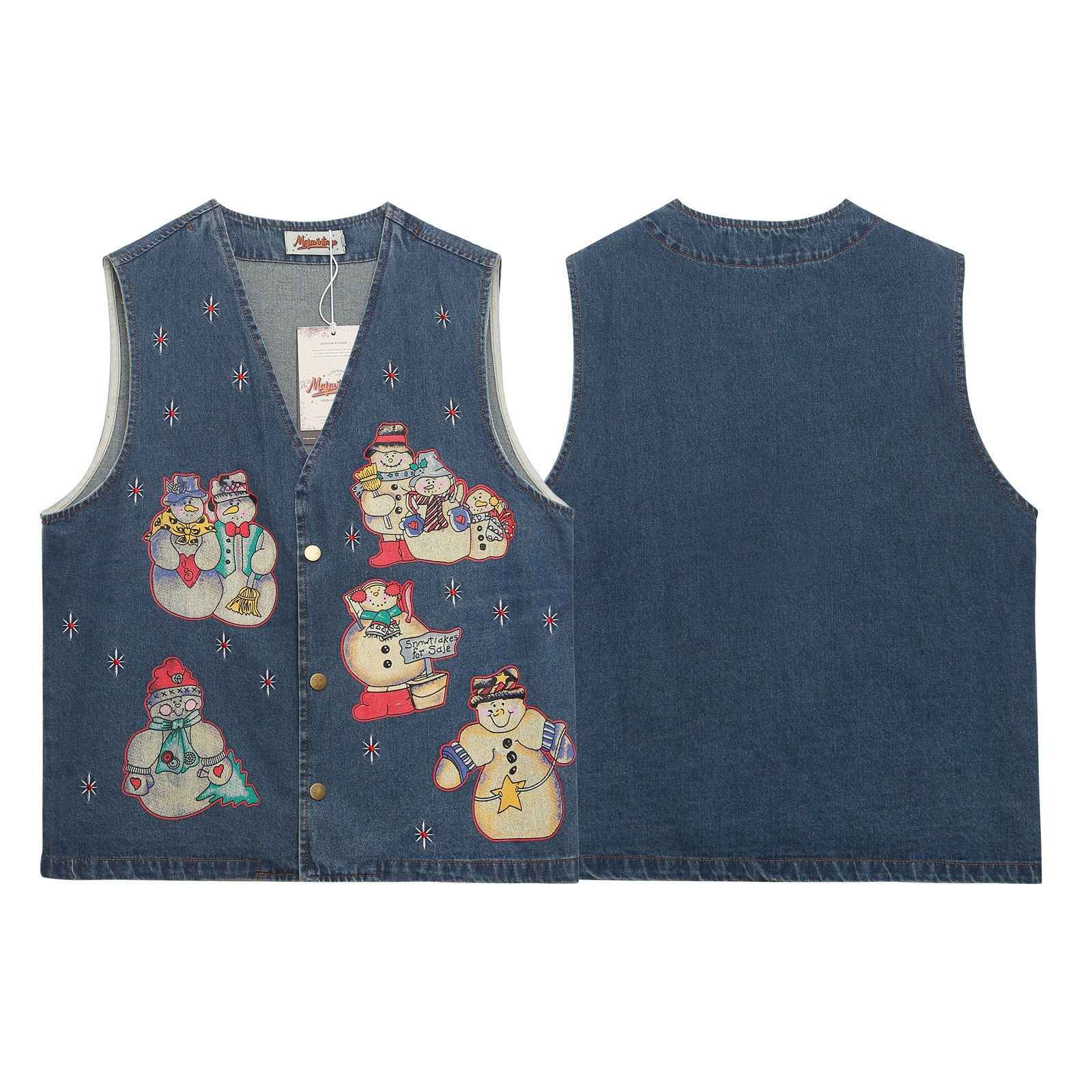 Washed Cartoon Snowman Printed Vintage Vest For Women | MuddyStock Originals