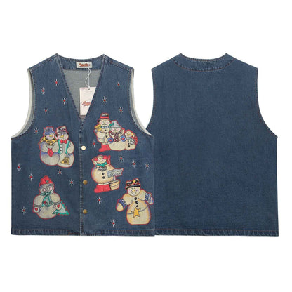Washed Cartoon Snowman Printed Vintage Vest For Women | MuddyStock Originals