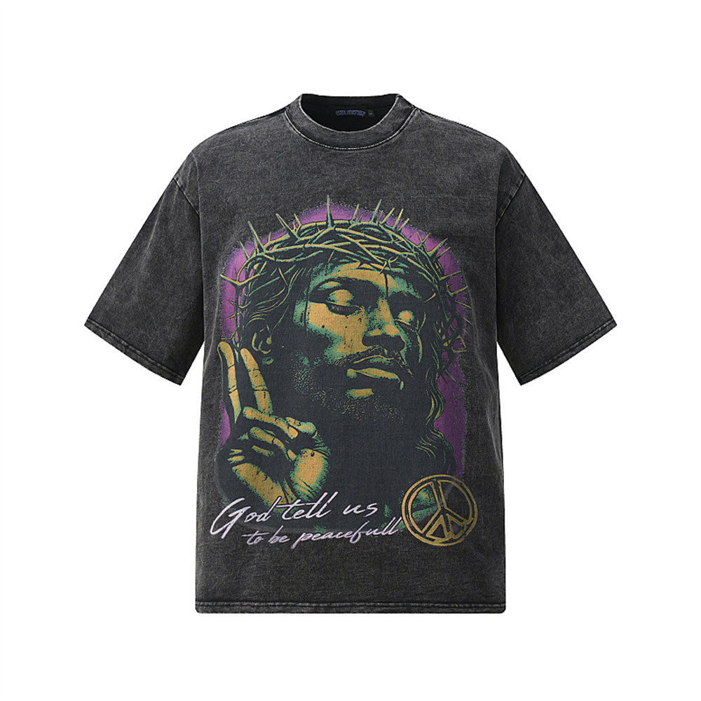 Mock character avatar printed short sleeved shirt Distressed Black