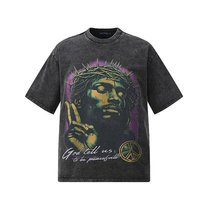 Mock character avatar printed short sleeved shirt Distressed Black