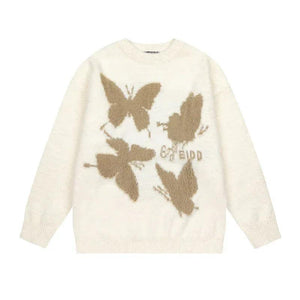 Butterfly jacquard round neck knitted sweater for women | MuddyStock Originals Off-white