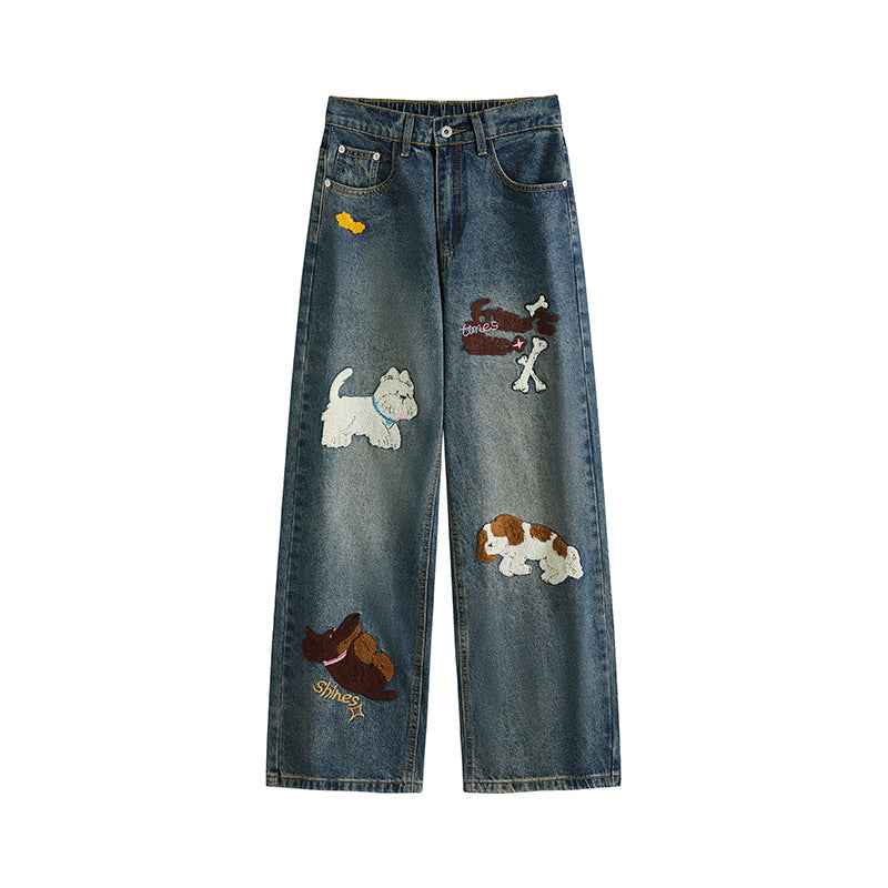 Puppy patchwork embroidered washed denim jeans for men and women | MuddyStock Originals Washed Blue MuddyStock
