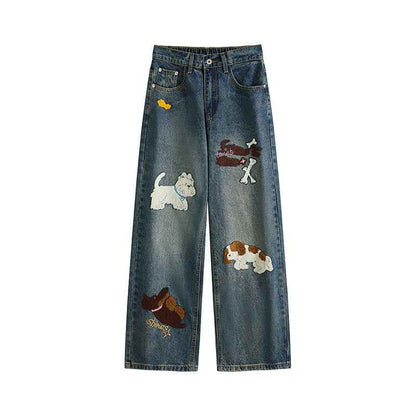 Puppy patchwork embroidered washed denim jeans for men and women | MuddyStock Originals Washed Blue MuddyStock