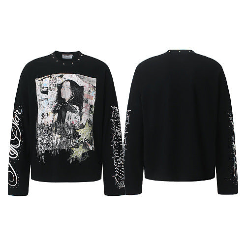 Streetwear Waffle Long Sleeve Studded Collar Graphic Print T-Shirt For Men | MuddyStock Originals