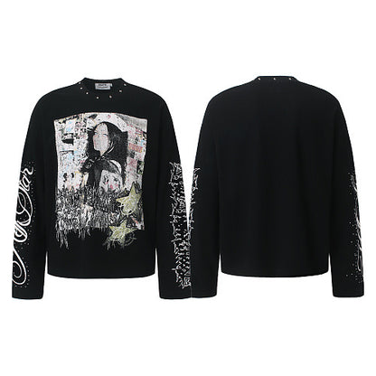 Streetwear Waffle Long Sleeve Studded Collar Graphic Print T-Shirt For Men | MuddyStock Originals