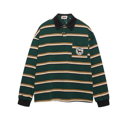 College style badge embroidered lapel polo shirt striped base shirt Green