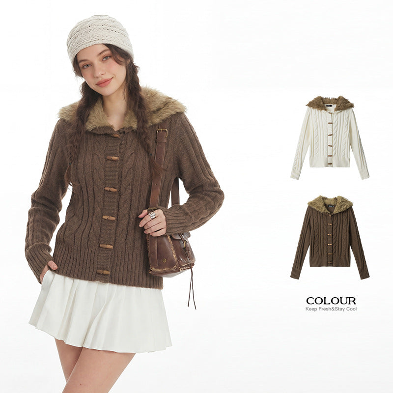Fitted Slimming Stylish Knit Jacket with Fur Collar For Women | MuddyStock Originals