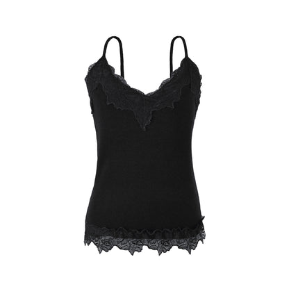 Reversible Wool Blend Camisole with Scalloped Lace Trim Soft Spring Innerwear Top Black
