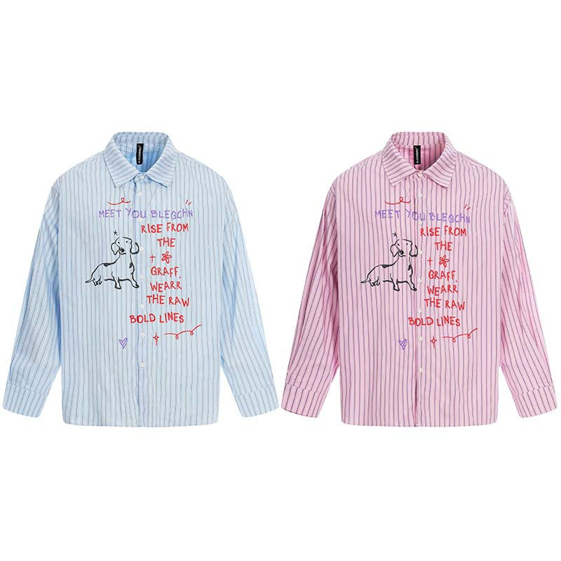 Letter printed cartoon dog striped long sleeved shirt