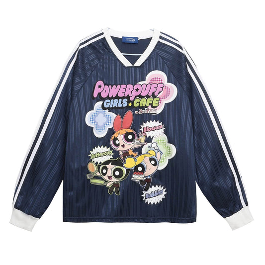 Striped Cartoon Letter Print V-Neck Long Sleeve T-Shirt For Women | MuddyStock Originals MuddyStock