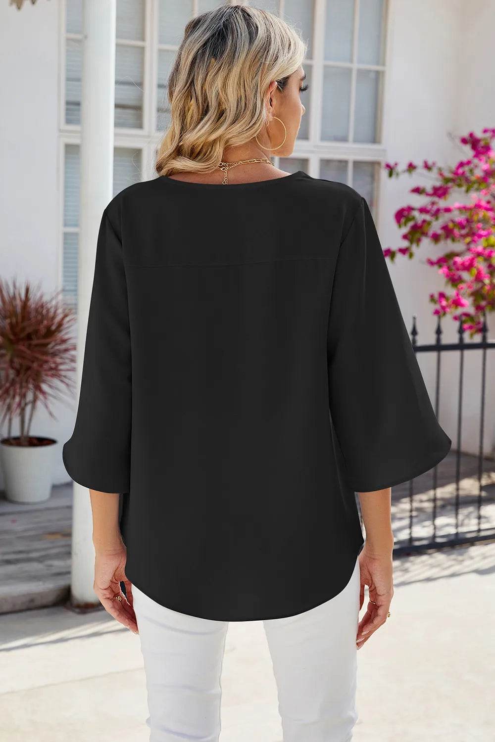 Solid color V-neck mid sleeved loose chiffon women's top | MuddyStock Originals MuddyStock