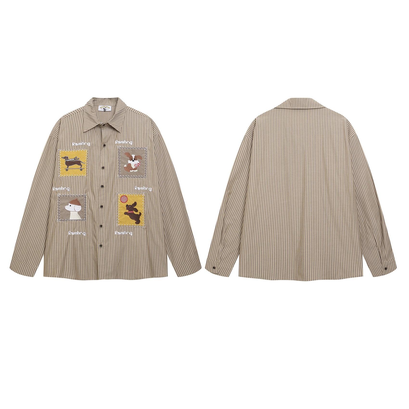 Cartoon Stripe Cute Dog Design Casual Loose Long Sleeve Shirt For Men | MuddyStock Originals