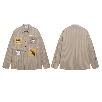Cartoon Stripe Cute Dog Design Casual Loose Long Sleeve Shirt For Men | MuddyStock Originals