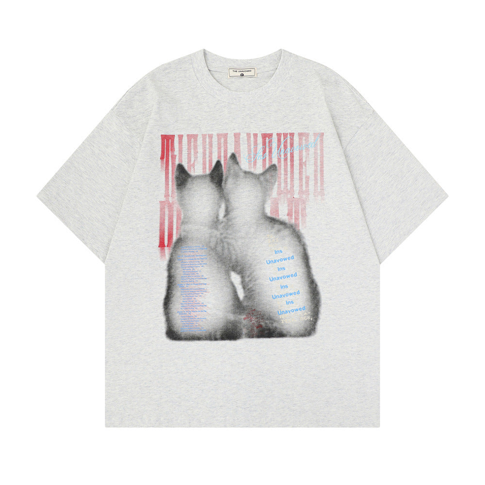 Two cats printed pure cotton t-shirt for women | MuddyStock Originals Floral Gray