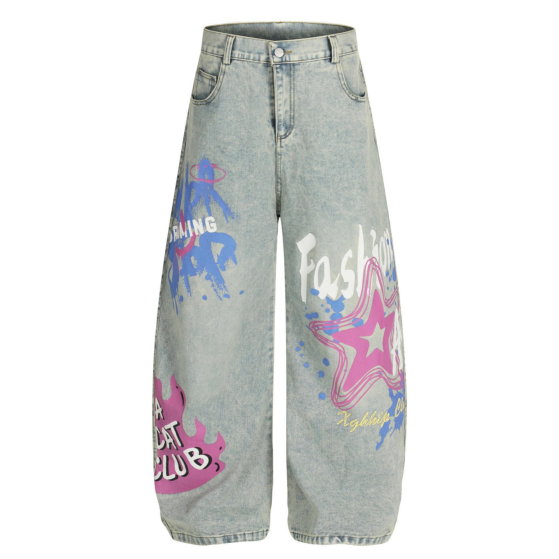Casual Letter Print Straight Cut Jeans For Women | MuddyStock Originals Light Blue