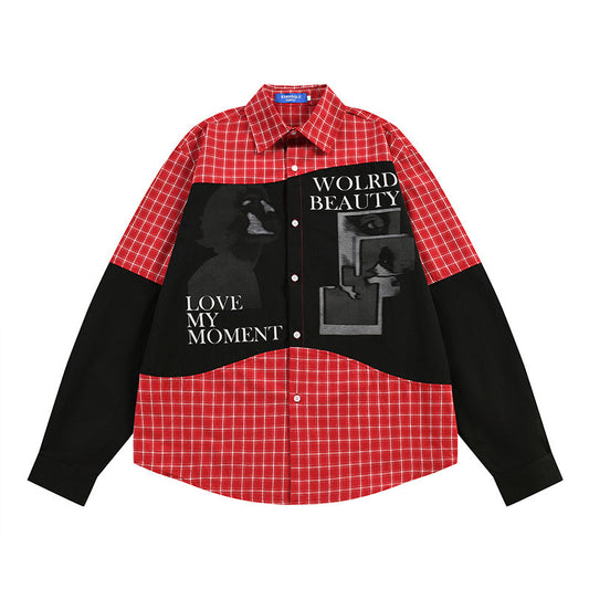 Men's Loose Hip Hop Style Color Block Irregular Plaid Long Sleeve Shirt