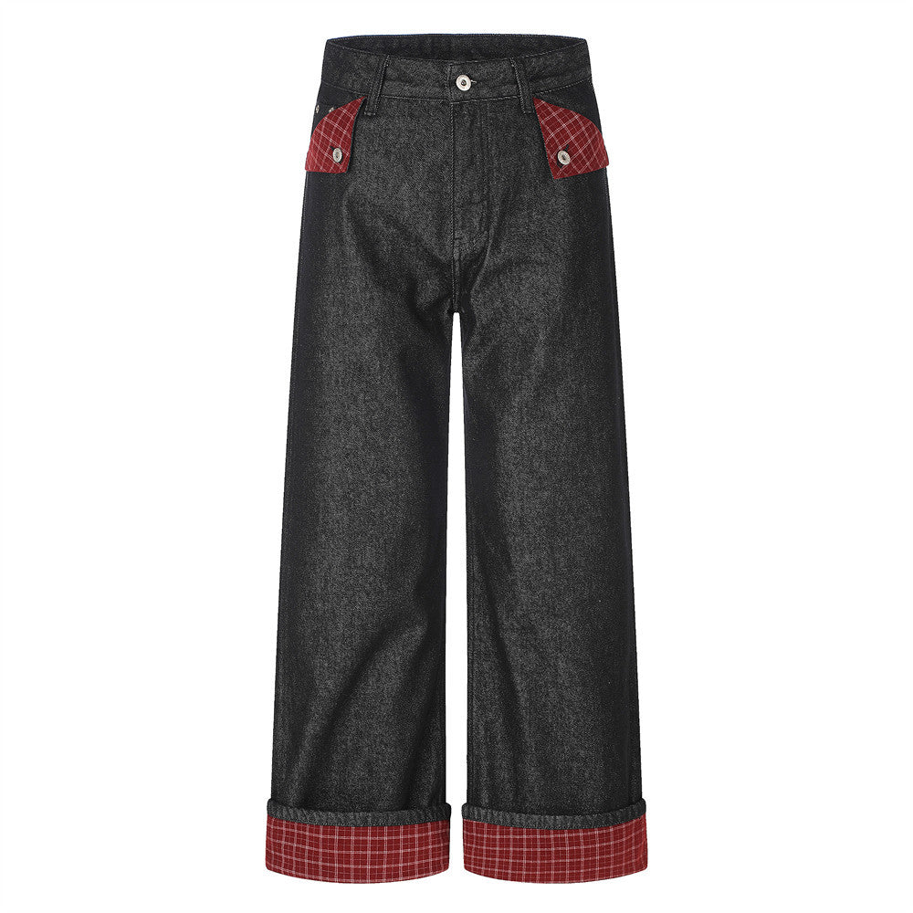 Men's Workwear High Street Denim Pants Color Block Plaid Cuffed Hem Loose Wide Leg Straight Trousers