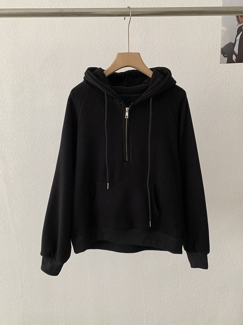 Omalai Half-Zip Hooded Pullover Sweatshirt Women Loose Thick Fleece Long Sleeve Solid Color Top Real Shot Black One Size eprolo