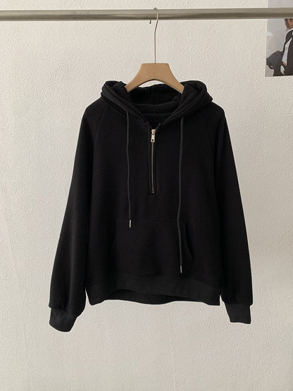 Omalai Half-Zip Hooded Pullover Sweatshirt Women Loose Thick Fleece Long Sleeve Solid Color Top Real Shot Black One Size eprolo