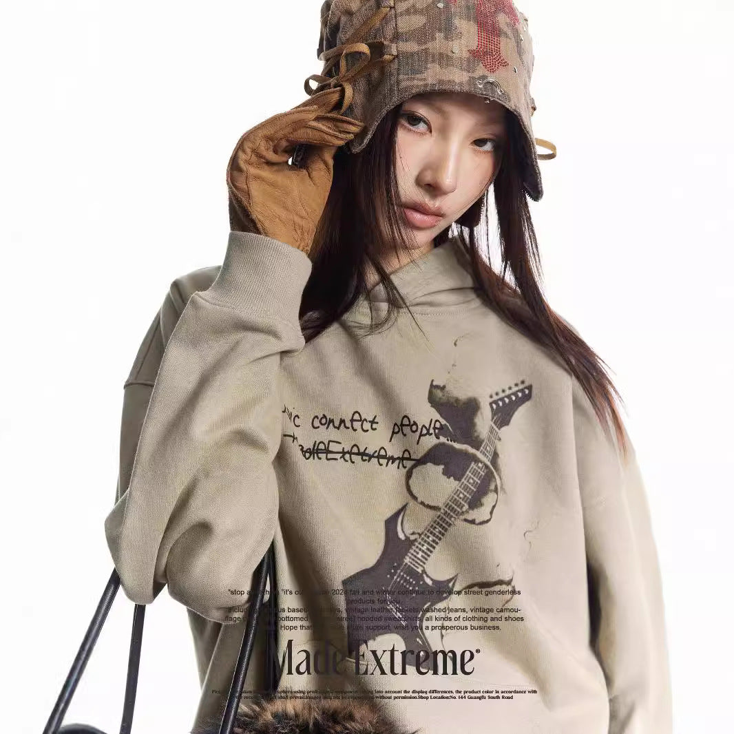 Rock Guitar Print Faded Hoodie Unique Lazy Pullover Jacket eprolo