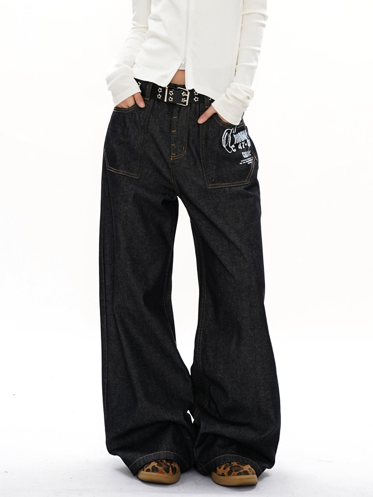 Straight Leg Wide Leg Jeans for Women, Solid Color Print,Street Retro Style, Casual Long Pants Black