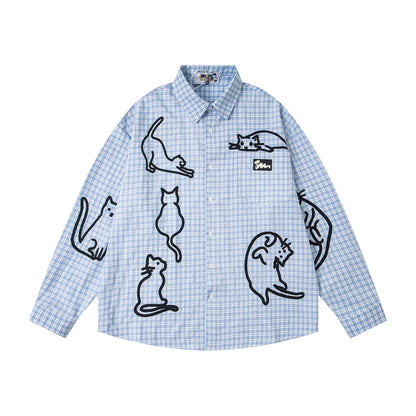 Blue checkered cat loose men and women long shirt | MuddyStock Originals Blue eprolo