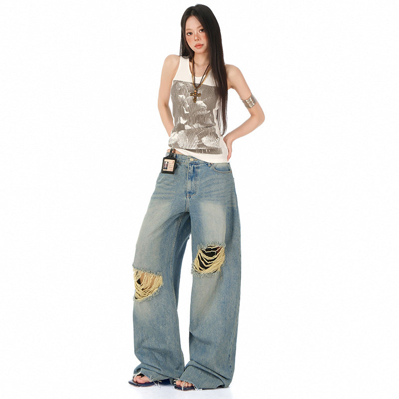Women's Distressed Straight High Waist Loose Wide Leg Pants | MuddyStock Originals MuddyStock