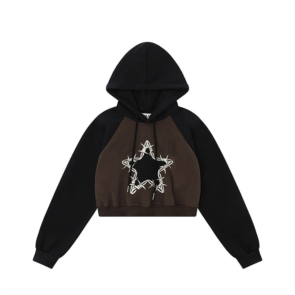 Star Embroidery Cropped Hoodie Loose Color-blocked Raglan Sleeve Pullover Hoodie