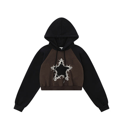 Star Embroidery Cropped Hoodie Loose Color-blocked Raglan Sleeve Pullover Hoodie
