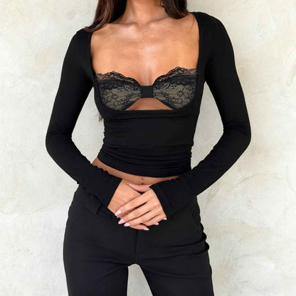 Lace patchwork fake two slim top | MuddyStock Originals