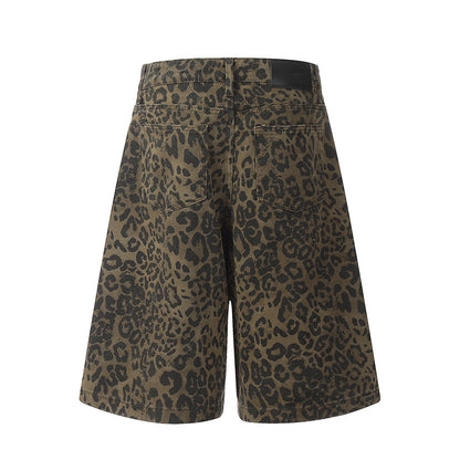 Leopard print denim seven quarter shorts
