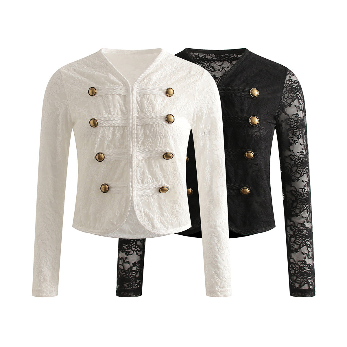 Elegant Napoleon Collar Lace Long Sleeve Short Crop Jacket