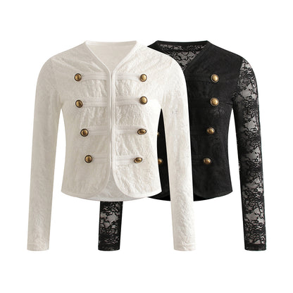 Elegant Napoleon Collar Lace Long Sleeve Short Crop Jacket