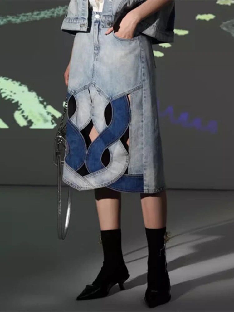 Patchwork Denim Hollow A-line High Waist Button Bottom Skirt | MuddyStock Originals