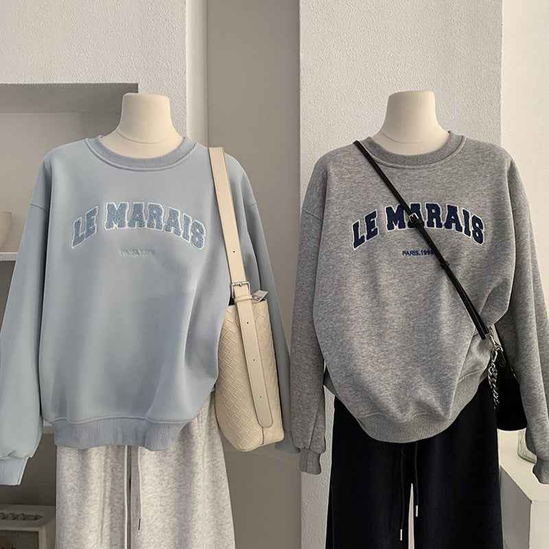 Round Neck Towel Embroidery Letter Fleece Long Sleeve Sweatshirt Loose Warm Hooded Top for Women eprolo