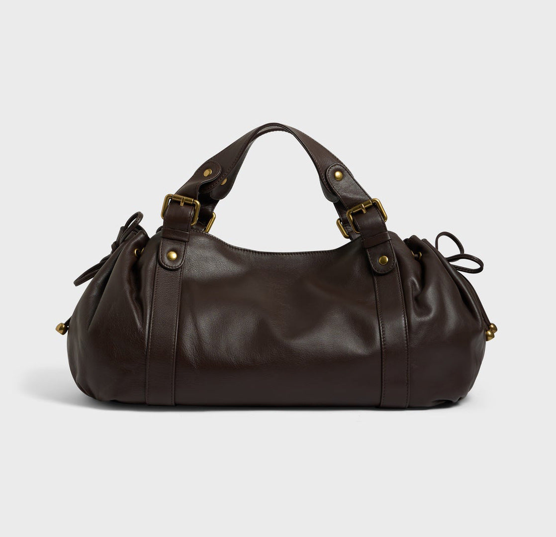 Large capacity soft leather tote bag Brown