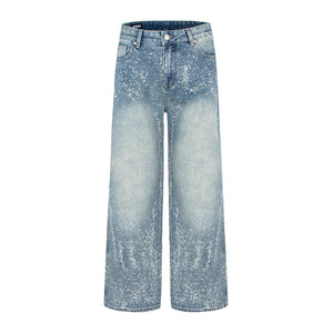 Streetwear Y2K Spray Paint Galaxy Design Rhinestone Straight Leg Jeans For Women | MuddyStock Originals Blue