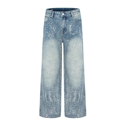 Streetwear Y2K Spray Paint Galaxy Design Rhinestone Straight Leg Jeans For Women | MuddyStock Originals Blue