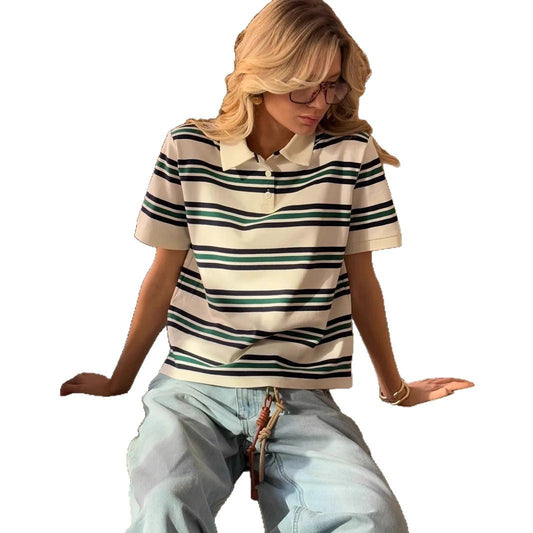 Stripe Polo Loose Fit Short Sleeve T-Shirt for Women | MuddyStock Originals MuddyStock