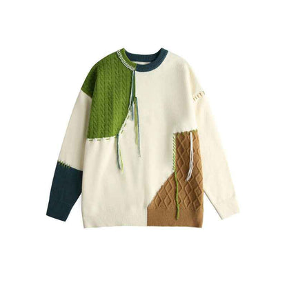 Color blocking patchwork tassel round neck knitted sweater for men and women | MuddyStock Originals Green Coffee MuddyStock