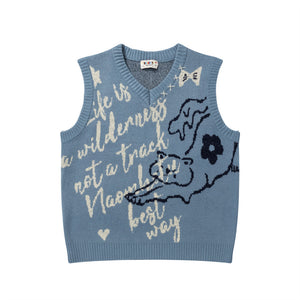 V-neck sleeveless wide shoulder sweater vest for women Blue