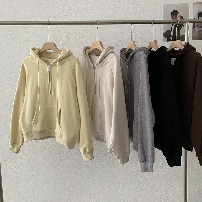 Omalai Half-Zip Hooded Pullover Sweatshirt Women Loose Thick Fleece Long Sleeve Solid Color Top Real Shot eprolo