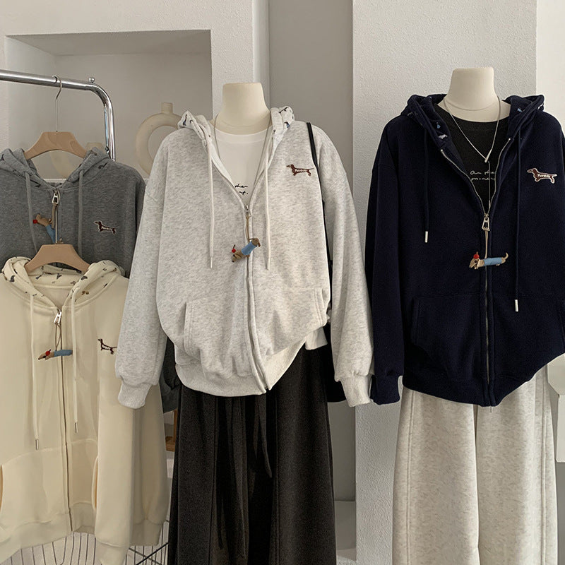 Embroidered Dog Print Hooded Zipper Sweatshirt Jacket Loose Casual Open Front Top eprolo