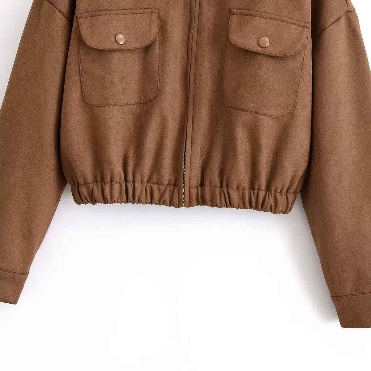 Flip collar pocket hem loose suede jacket for women | MuddyStock Originals