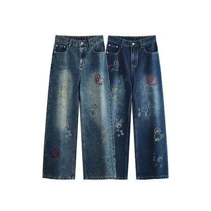 Dog Embroidered Wide Leg Jeans For Men And Women MuddyStock