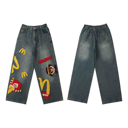 Retro Washed Denim Trousers with Cartoon Embroidery For Men And Women | MuddyStock Originals