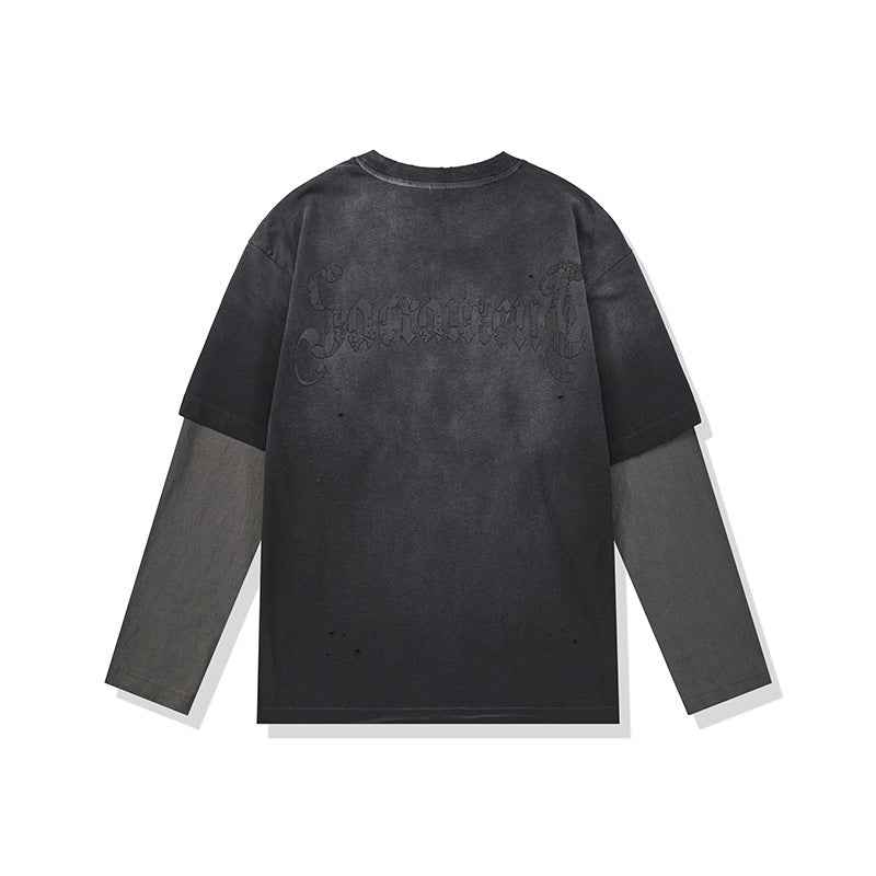 Washed Distressed Printed Faux Two-Piece Loose Long Sleeve T-Shirt For Men