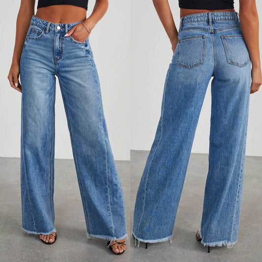 Loose wide leg side seam splicing, brushed hem denim jeans for women | MuddyStock Originals MuddyStock