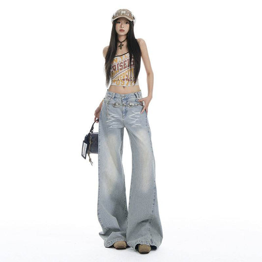 Women's Washed High Waist Wide Leg Jeans Slim Draping Floor-Length Pants Light Blue # Extended Length eprolo